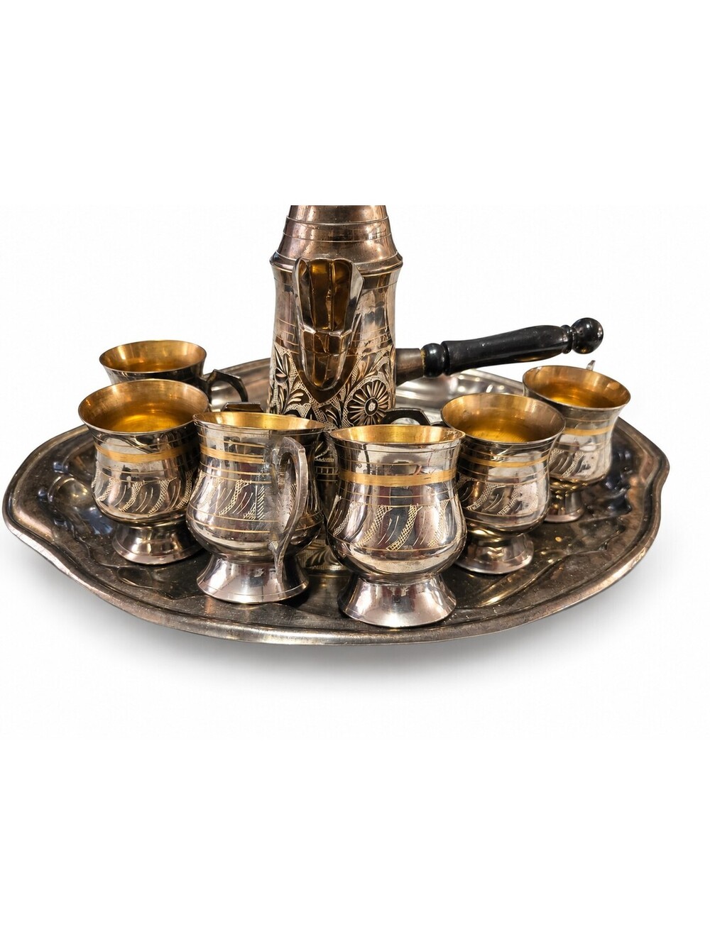 Vintage Bethlehem Coffee Set Pot 6 Cups Tray Engraved Middle Eastern Decor